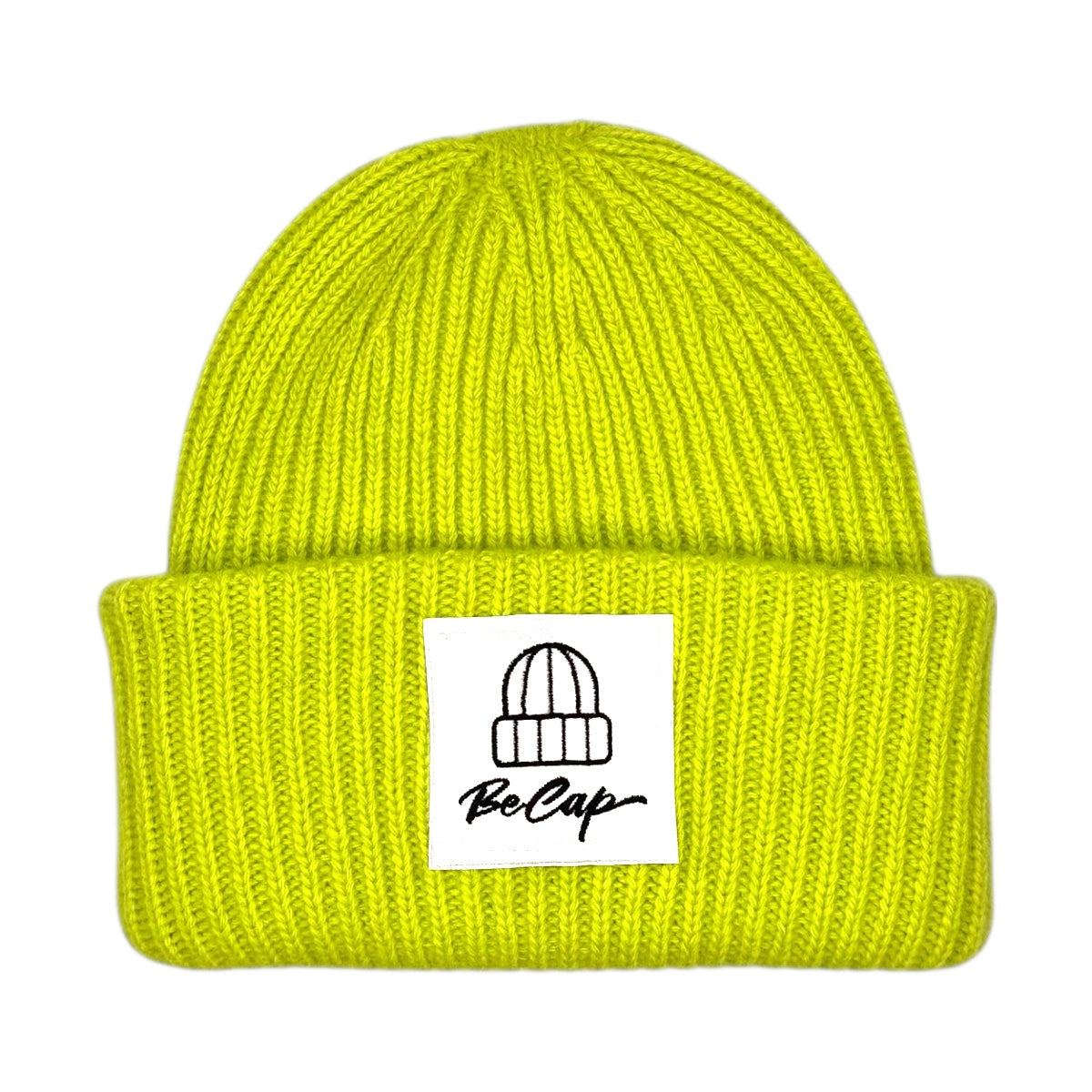 Cuffia lana merino unisex BeCap in neon giallo con risvolto alto e logo applicato.