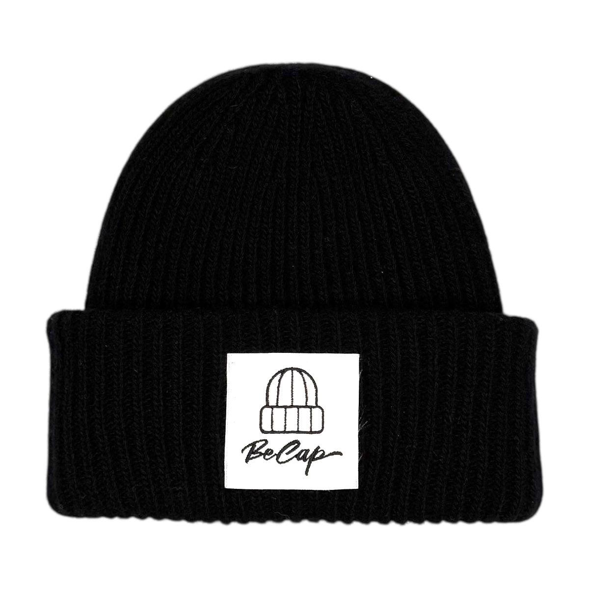 Cuffia lana merino unisex BeCap, berretto nero con risvolto alto e logo in tessuto.