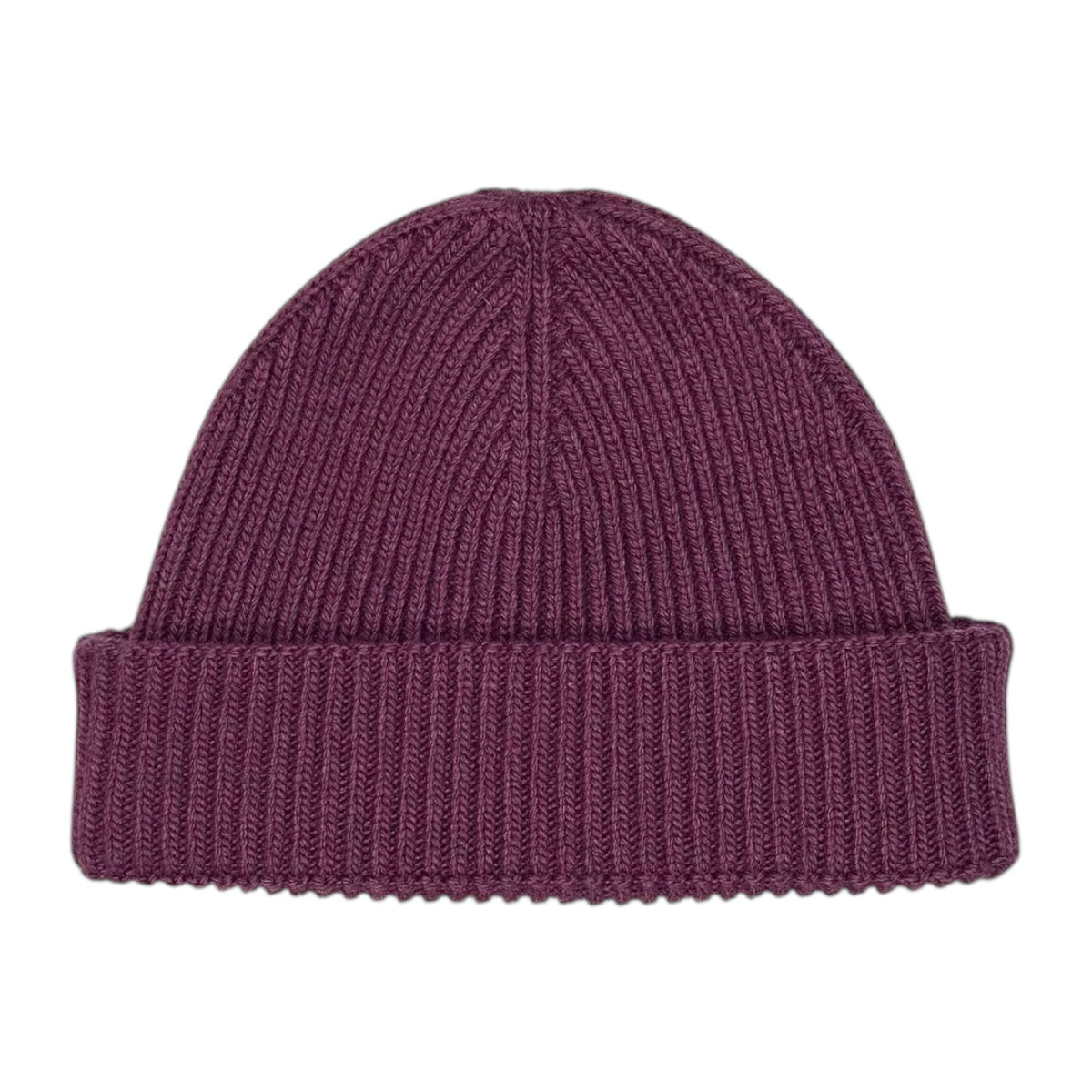 Cuffia fisherman misto cashmere di colore uva con doppio risvolto in maglia coste, taglia unica, unisex.