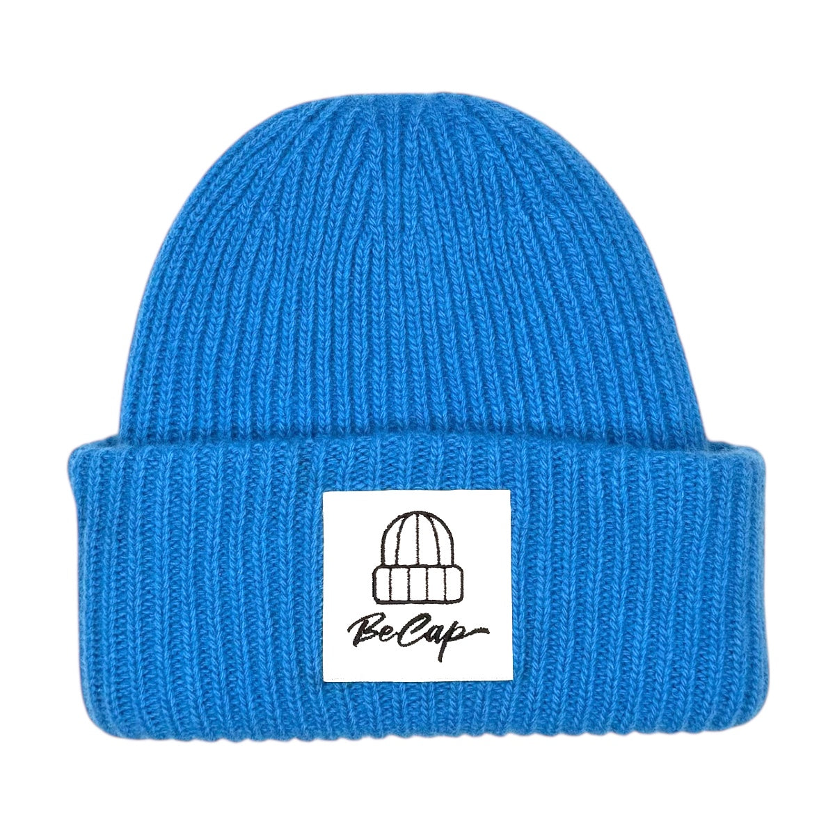 CUFFIA OVER 100% LANA MERINO LOGO BECAP FIORDALISO, cappello blu con risvolto e logo BeCap in tessuto.