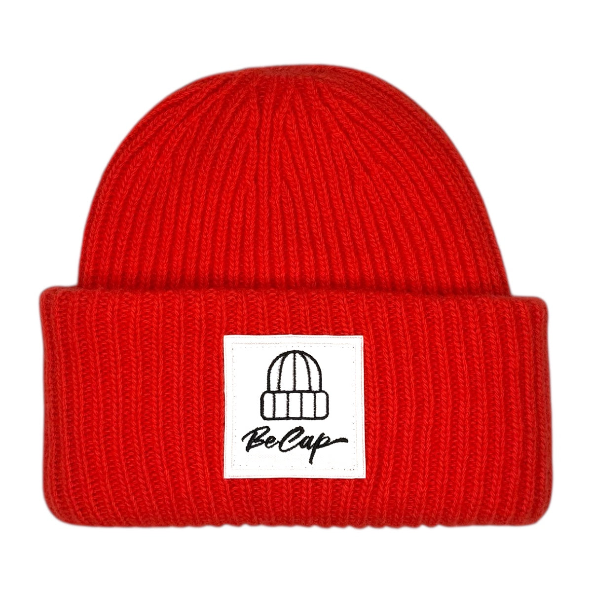 Cuffia lana merino unisex rossa BeCap con risvolto alto e logo, 100% lana merino extrafine.