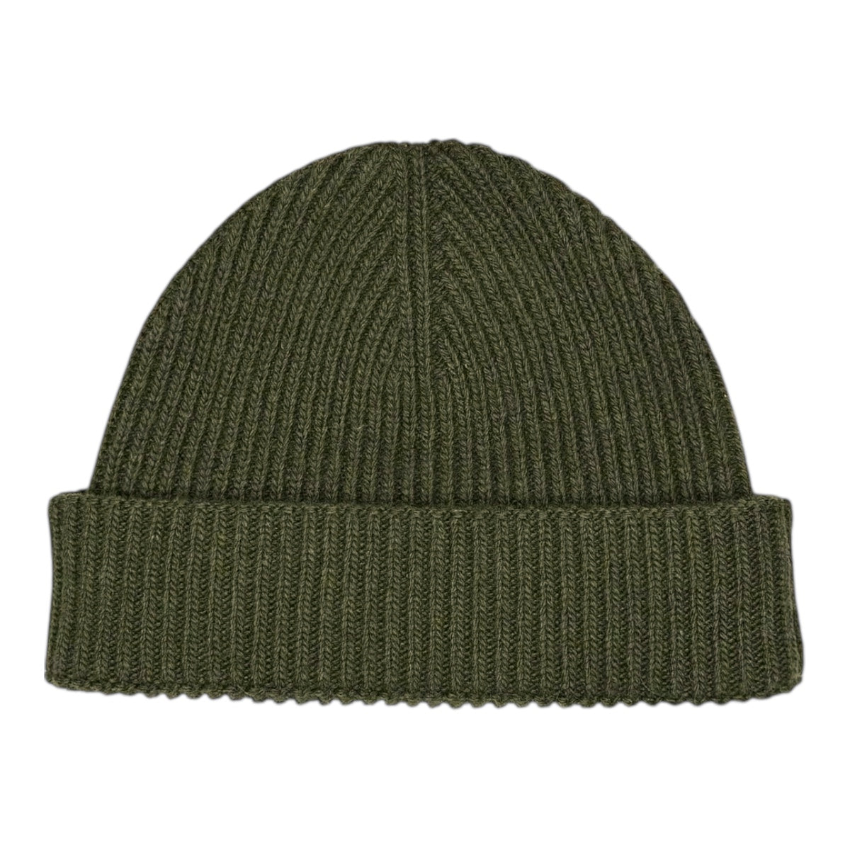 Cuffia fisherman verde oliva con doppio risvolto in maglia costa misto cashmere.